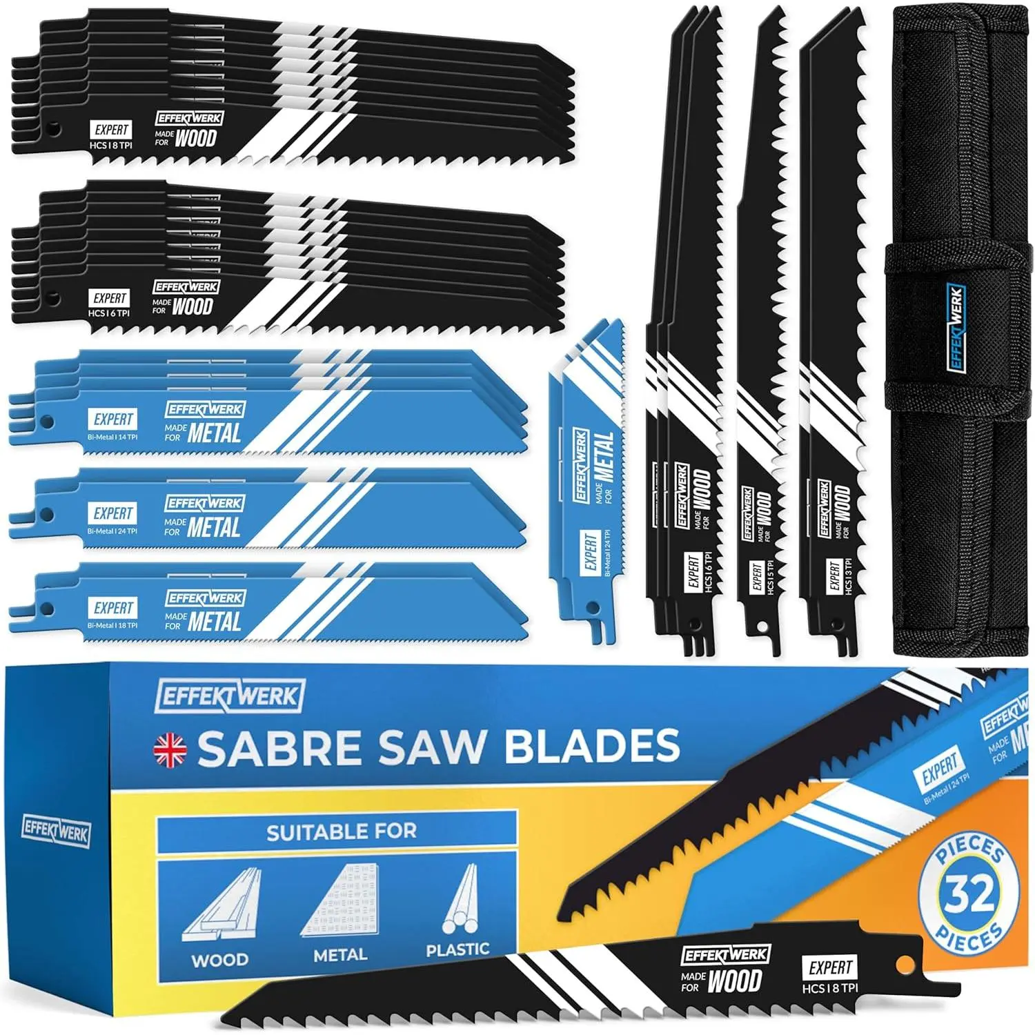 Reciprocating Saw Blade Set - 32 Pieces - Carbide Steel Replacement Saw Blades w/Storage Case - HCS (High Carbon Steel) & Bi-Metal Sabre Saw Blades for Wood, Metal & Plastic