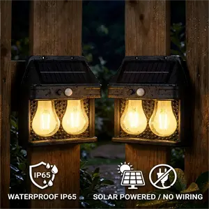 [2 Pack] Solar Wall Lights Outdoor Dusk to Dawn Solar  Motion Sensor Lights Outdoor, Waterproof, 3 Lighting Modes, Wall Mount Light Sconces For Outside Patio Fence Yard Garage (BLACK-2 BULB, 2 PACK STANDARD) flood  light Street super bright