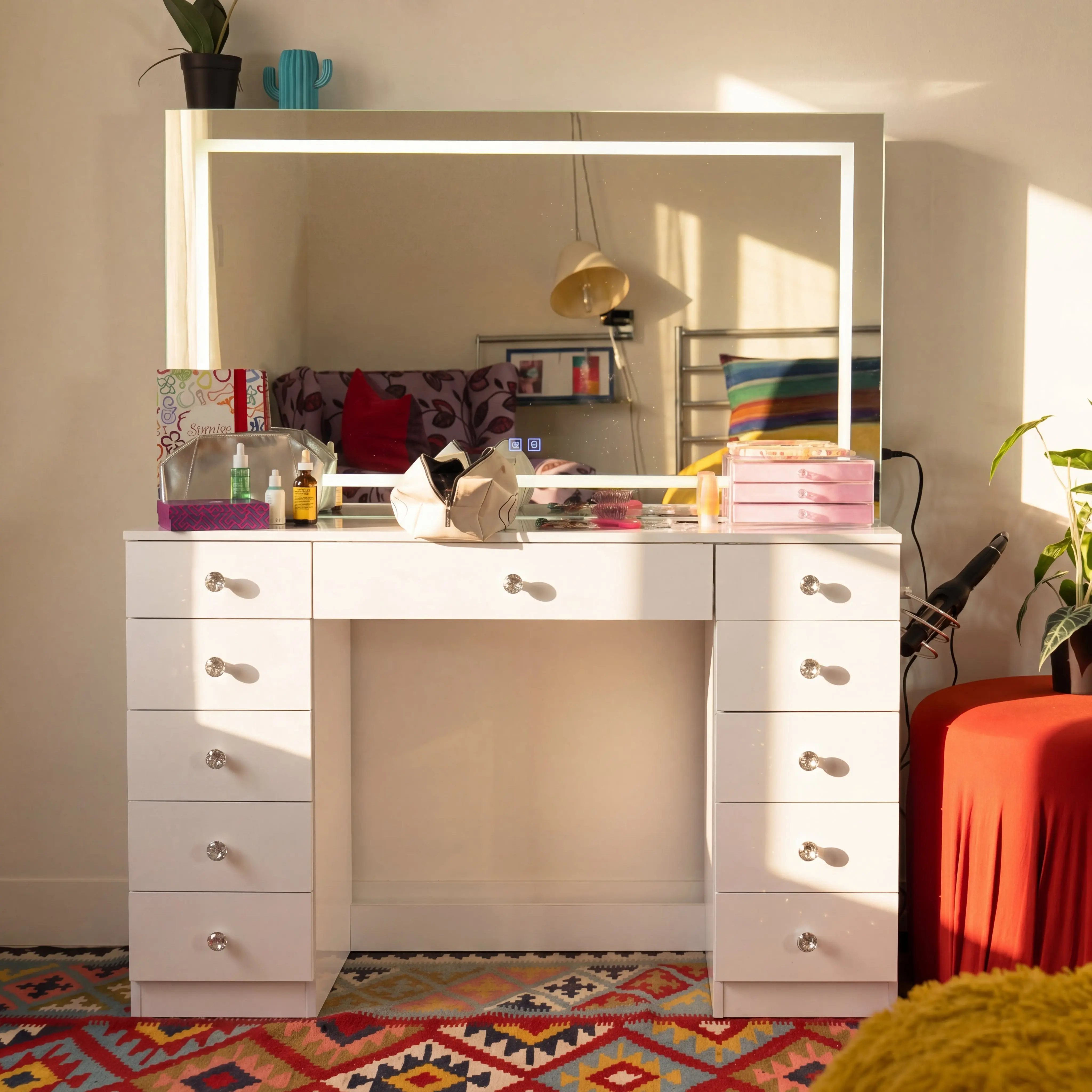 Chloe Mirror Vanity High-Gloss White Symmetrical Double-Pedestal with LED Lighting 11 Drawers Bluetooth Speakers & USB Charging Station