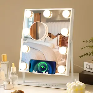 Free Shipping  VANITII LED Vanity Mirror, Hollywood Lighted Makeup Mirror with Touchscreen, with Lights Bluetooth Speaker Wireless Charger Light Up Makeup Mirror with 9 Bulbs for Tabletop Detachable 10X Magnifying, White, Suitable for Both Men and Women