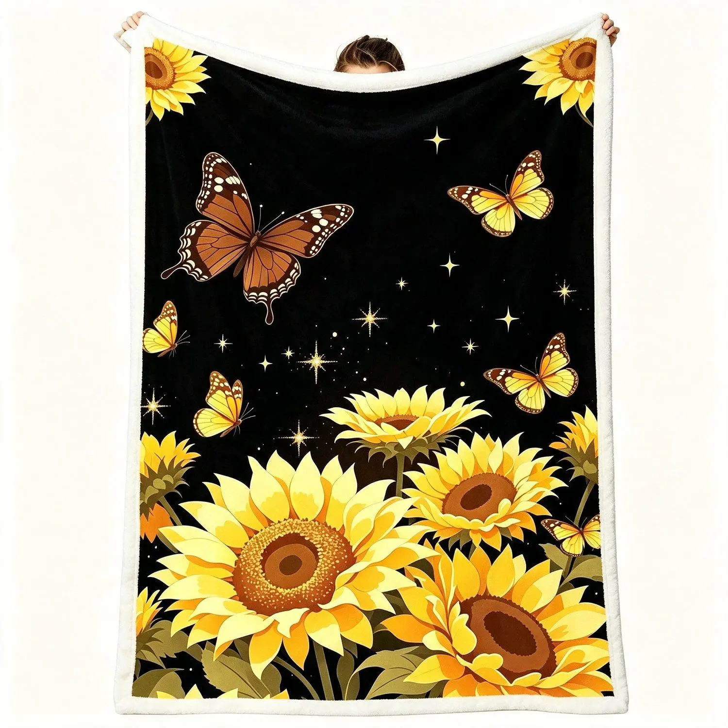 Sunflower Butterfly Black Background Throw Blanket Soft Cozy Plush Blanket For Bed Sofa Home Decor Warm Lightweight Travel Blanket Gift For Women