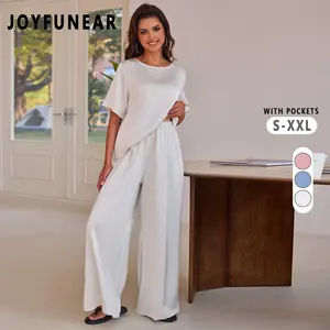 [US shipping]Joyfunear Women's Satin Silk Casual Summer Set Short Sleeve Hoodie with Loose Straight Pants Set Soft and Comfortable Home Clothes