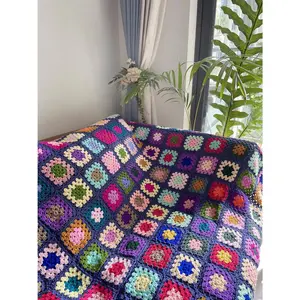 RISEON  Granny Square Crochet Throw Blanket Sweater Style Mat, crochet quilt, multicolor Boho Travel Accent Decor Throw for Sofa Comforter Couch Bed Recliner Living Room Bedroom (Dark blue)