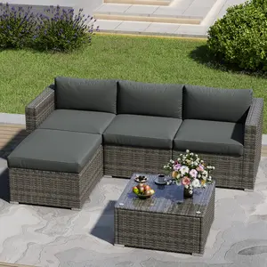 RoyalCraft 5-Piece Patio Furniture Set, All Weather Wicker Patio Conversation Seating Sets with Ottoman and Coffee Table, Outdoor Modular Sectional Sofa Couch for Porch Balcony Backyard Deck