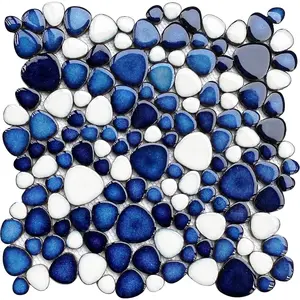 Pebble Ceramic Tiles 5 Sheets, Heart-Shaped 12x12 Floor Tile Ceramic, Dark Blue Mosaic Tiles Mesh Mounted,  Porcelain Tile Decorative for Kitchen Bath Backsplash Shower Floor Pool