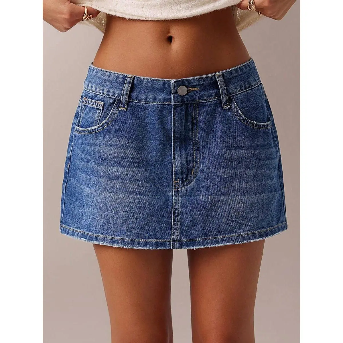 Forever 21 Spring New Chicken Wing Collar, Reversible, Sleeveless, A-Line, Contrast Color, Embroidered, Button Down Washed Denim Mini Skirt For Women