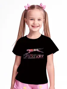 Iridescent Slazenger Black Digital Print Summer Fashion Girls' Clothing, 100% Polyester Designed for Energetic Kids, Cute Girls' Short-Sleeve T-Shirts, Summer Casual Children's Clothing, Outdoor Sports T-Shirts