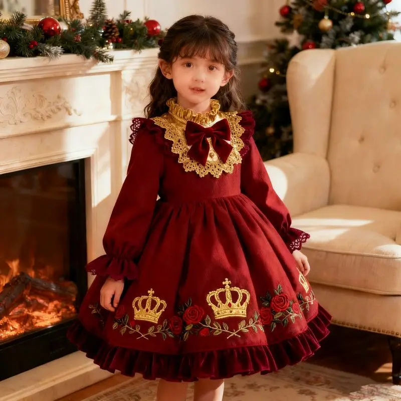 Girls' Retro Autumn-Winter British Wine Red Long-Sleeve Puff-Sleeve Collared Dress with Gold Thread Crown Rose Embroidery, Gold-Trimmed Lace Collar, Bow Detail, Voluminous Loose-Fitting Knee-Length Skirt, Thick Structured Fabric, Hand Wash Only