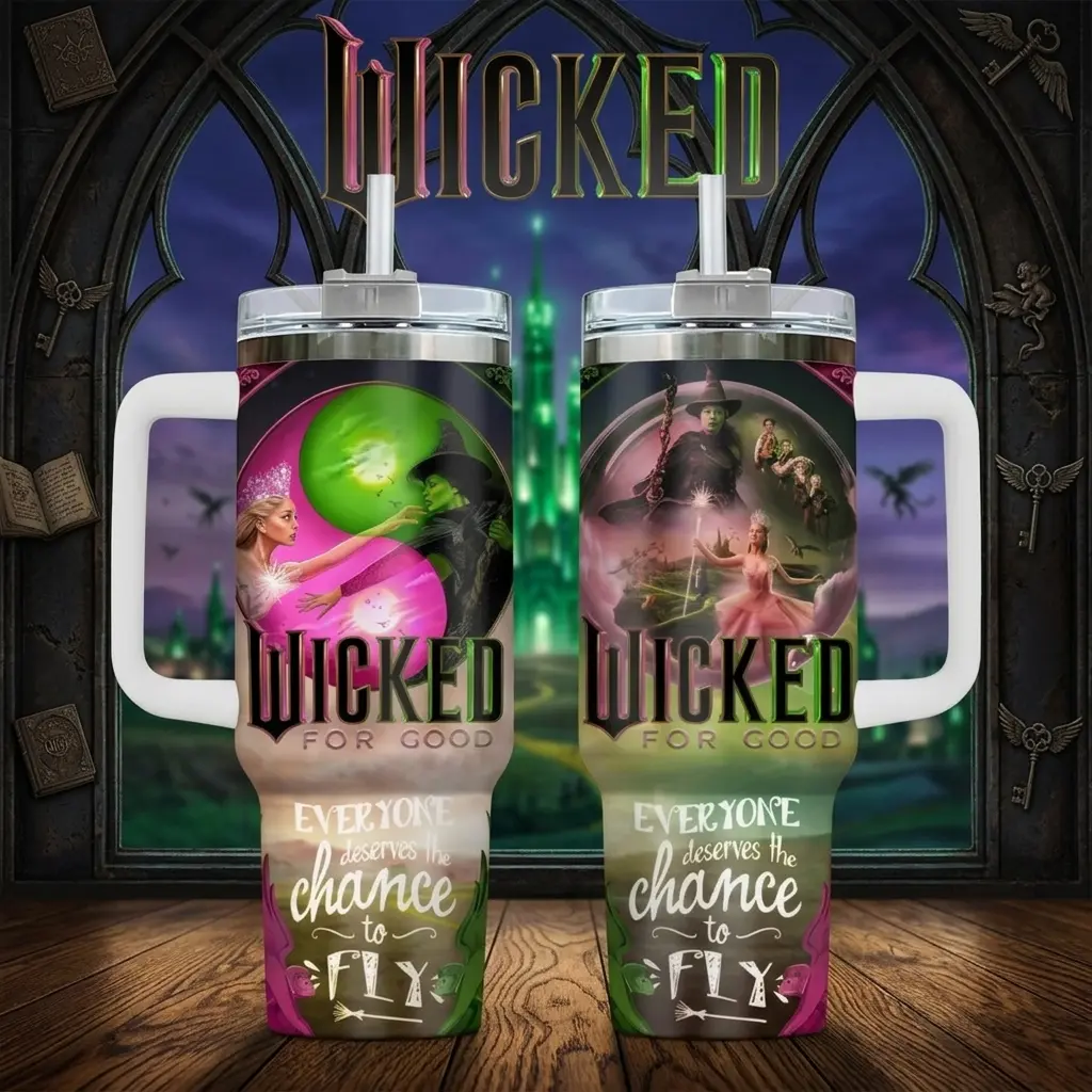 Wicked 40oz Stainless Steel Tumbler, Wicked For Good Glinda Elphaba Chance To Fly Design, Perfect Gift for Movie Lover