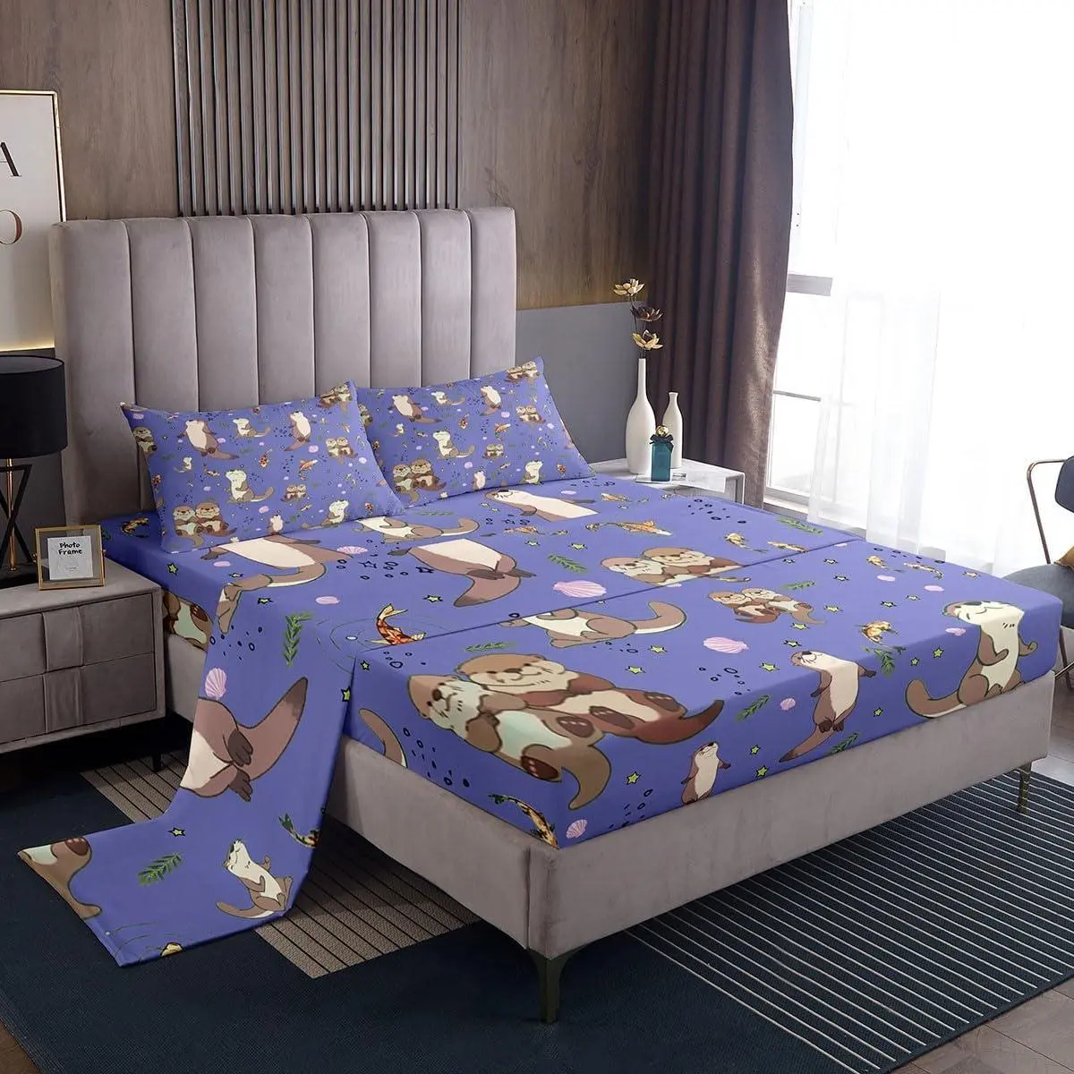 Lap Otter Bed Sheets Set,Cartoon Sheet Set for Kids Boys Girls Sea Otters Kawaii Cartoon Natural Animal Sheets Beige Dark Blue Deep Pocket Top Sheet