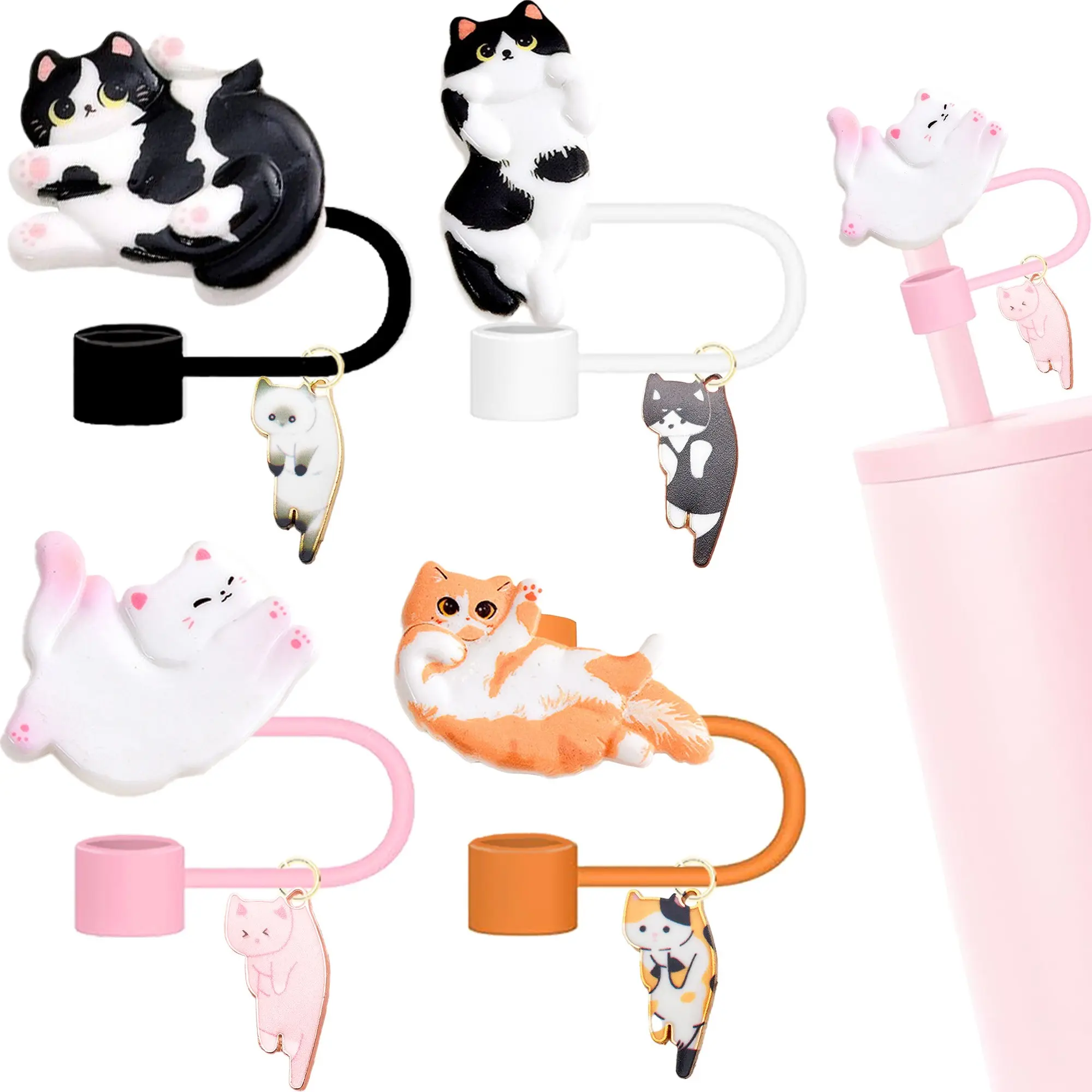 10mm Straw Cap Set, Colorful Cat Straws and Shiny Pendant Charms, Fits 30oz/40oz Stanley Insulated Cups, Cute Modern Simple Aesthetic Stanley Cup Accessories, Drinking Gadgets, Straw Topper, Straw Toppers for Tumblers, Straw Cover
