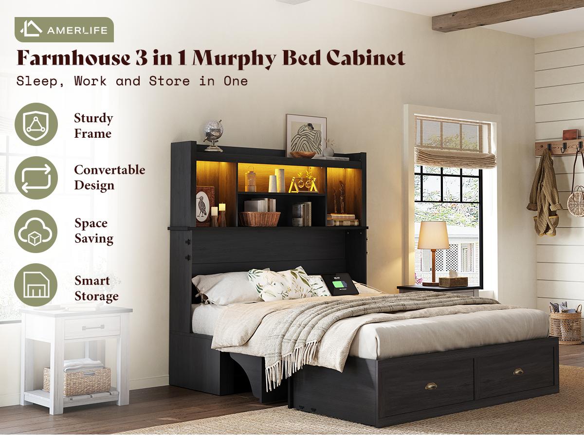 [Mattress NOT Included] [Ship in 2 Boxes] AMERLIFE Murphy Bed with Bookcase Headboard & LED Light, Farmhouse Cabinet Bed with Storage Drawer, Charging Station and Desk for Home Office/Guest Room/Small Spaces