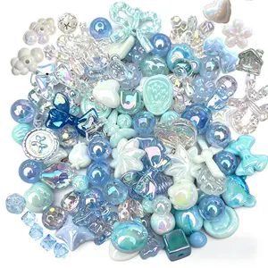 70PCS Large Acrylic Blue Shiny Assorted Beads for Bracelet Making UV Plating Focal Beads for Pens Round Flower Bow Bear Heart Star Kawaii Bead Bulk for DIY Jewelry Necklace Keychain Phone Charm