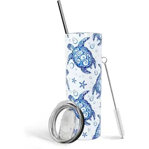 Sea Turtle Tumbler With Lid and Straw Stainless Steel 20oz Sea Turtle Skinny Tumbler Ocean Insulated Turtle Stuff Water Bottle Cups Coffee Mug Travel Tumbler Sea Turtle Gifts for Women Portable Drinkware