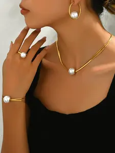 Faux Pearl Decor Jewelry Set, Fashionable Jewelry Set, Including Necklace & Bracelet & Earrings & Ring, Elegant Jewelry Set for Party, Daily Clothing Decor, Trendy All-match & Exquisite Jewelry for Birthday Gift