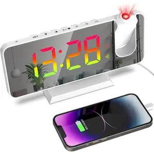 Projection Alarm Clock for Bedroom Ceiling 180° Rotatable Projector 7.4” RGB Mirror LED Digital Display Dual Alarm with 5-Level Brightness Dimmer 12/24H Format (White)
