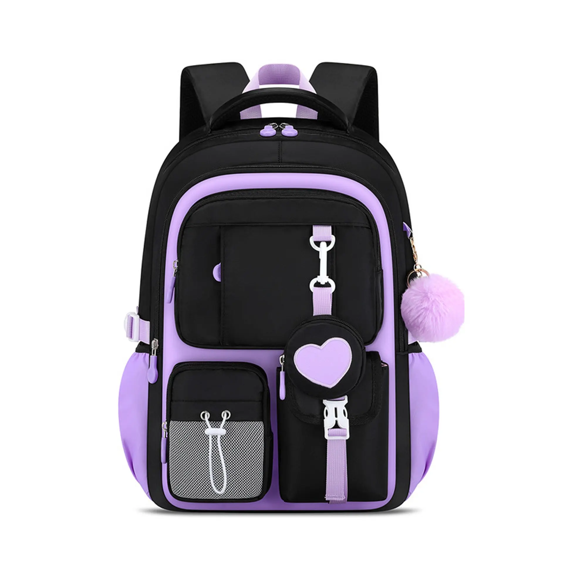 Cute Girls School Backpack Spine Relief Lightweight Large Capacity Multi-Pocket Waterproof Daypack with Heart Pouch & Pom Pom