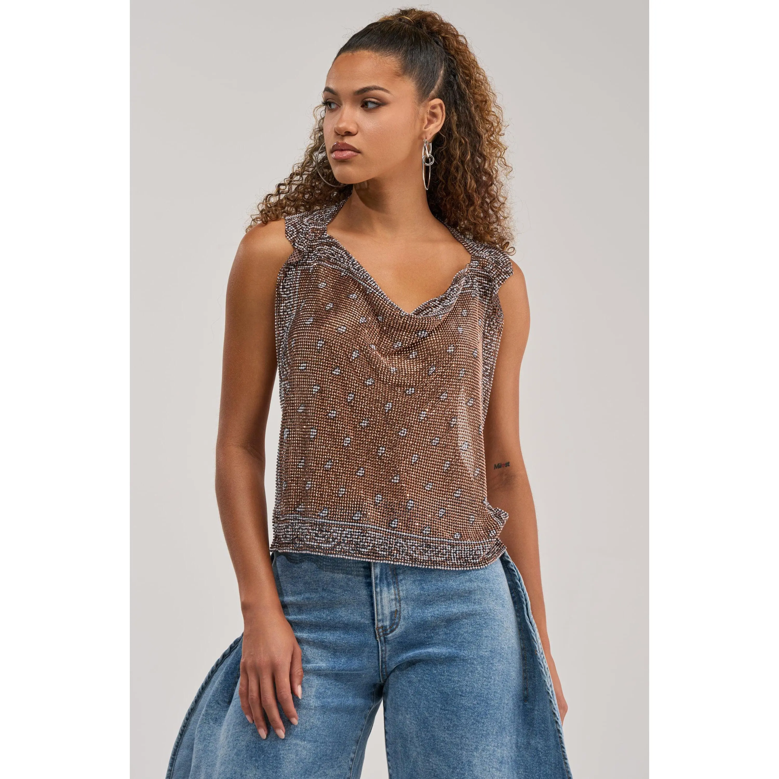BRONZE BANDANA PRINT RHINESTONE TOP