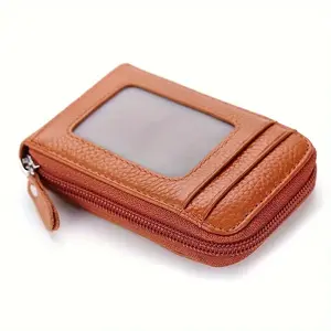 Men Women RFID Blocking Leather Mini Wallet 9 Card Slots Compact Zipper Card Holder with ID & License Window Party Gift
