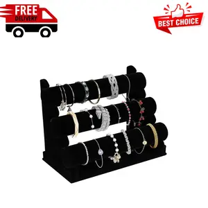 Velvet Bracelet Holder with 3 Tier Rack, Black