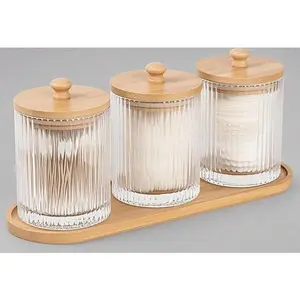 Clear Glass Storage Jars with Lids - 3 Pack Cotton Swab and Floss Organizer Set, Bathroom Countertop Organizers for Q-Tips and Cotton Balls, Reusable Apothecary Containers with Tray - Swivel Dispenser, Space Saving Design