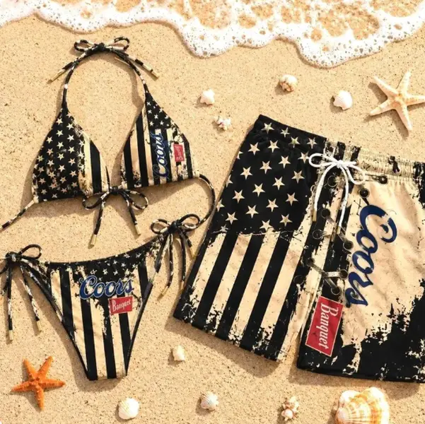 C00rs Banquet Patriotic Couple Swimsuit Set – American Flag Bikini and Men’s Hawaiian Swim Trunks, Summer Beachwear