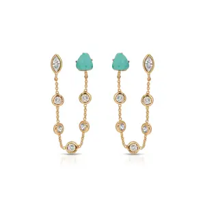 Double Piercing Turquoise Earrings – 18K Gold Plated CZ & Turquoise Statement Drop Earrings, Modern Dual Stone Design