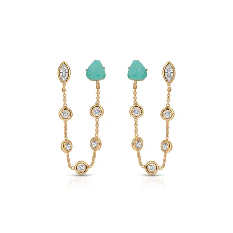 Double Piercing Turquoise Earrings – 18K Gold Plated CZ & Turquoise Statement Drop Earrings, Modern Dual Stone Design Sparkling Cubic Zirconia