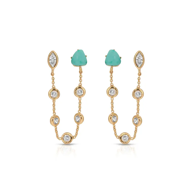 Double Piercing Turquoise Earrings – 18K Gold Plated CZ & Turquoise Statement Drop Earrings, Modern Dual Stone Design Sparkling Cubic Zirconia