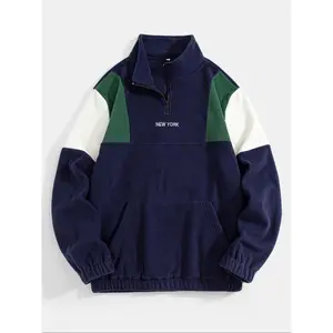 Men’s Color-Block Fleece Pullover with Embroidered Letters, Half-Zip Warm Sweatshirt for Casual & Outdoor Sports, Stylish for Everyday Wear