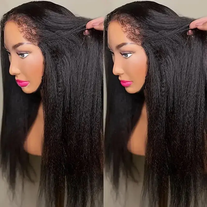 4C Edges Kinky Straight Hairline Transparent 13x6 13x4 Lace Frontal Human Hair Wigs With Pre Plucked Baby Hair Yaki Straight Wig