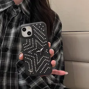 Vintage Denim Texture PU Leather Phone Case, Metal Rivet Star Decoration, Fits iPhone 17 Pro/16/15 Pro Max/14/13, Durable Fashion Cover