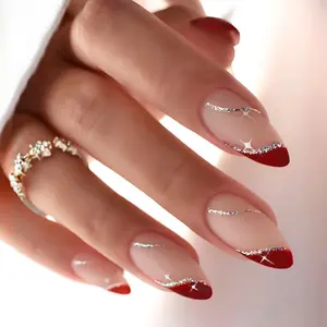 Almond Matte Minimalist Red French Press On Nails, Nude Base with Wine Red Lines, Irregular Silver Line & Star Rhinestone Sweet Cool Nail Tips with Jelly Glue & Nail File, Nail Art Diy