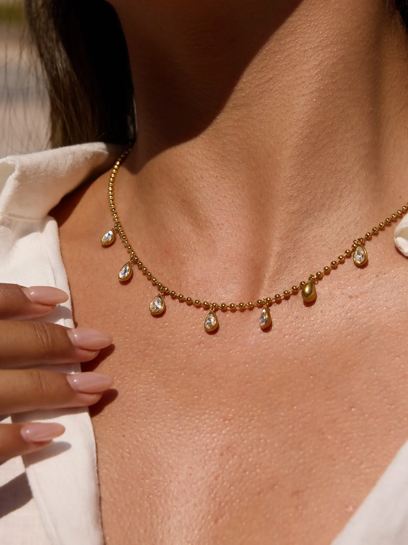 Ladies Teardrop Shaped White Zirconium Pendant Drop Necklace Stainless Steel 18k Gold Plated Waterproof And Anti Allergy Classic Style Court Rococo Style Jewelry Pair Waterdrop Necklace Droplet Pendant Necklace