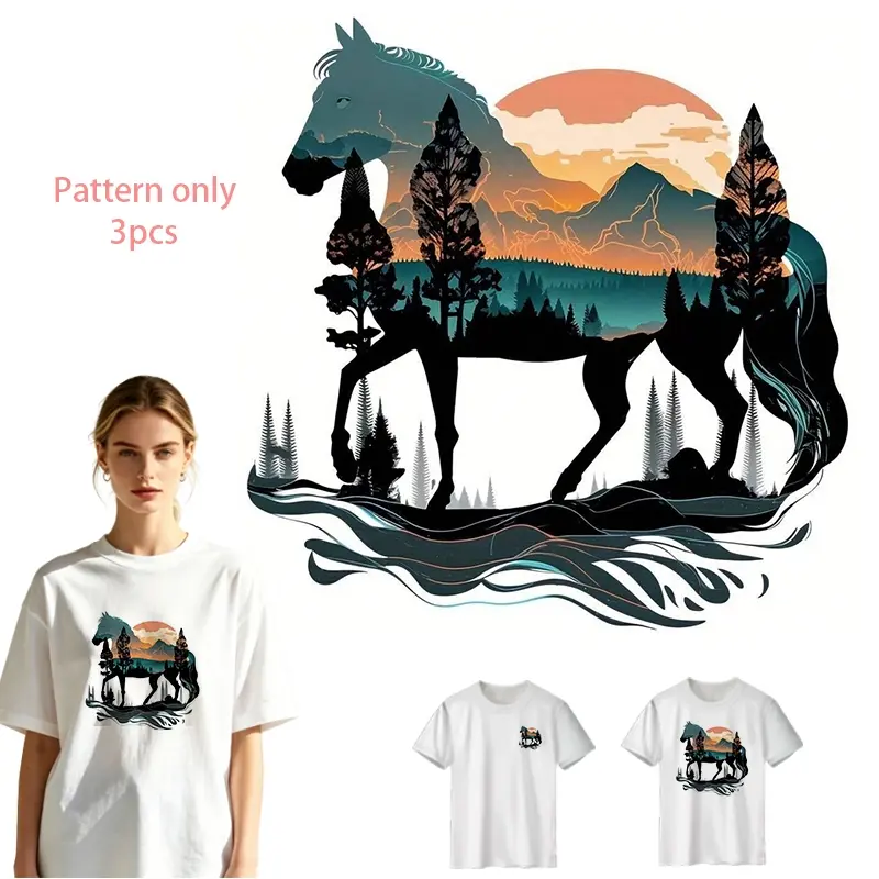 Horse and Nature Landscape DTF Heat Transfer Vinyl - DIY Clothes Iron-On Decal, Washable PVC Design for T-Shirts, Jeans, Hoodies, Backpacks, Creative Fashion Accessory, Pattern Only