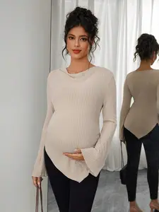 Maternity High Neck Flare Sleeve Asymmetric Hem Drawstring T-Shirt, Women Autumn/Winter Clothing