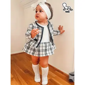 Baby Girls 2pcs Princess Outfits Autumn Winter Clothes Black White Plaid Coat Tops Patchwork O Neck Tutu Dress Formal Costumes, Perfect for Outdoor