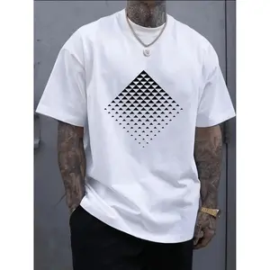Stylish Mens 100 Cotton Geometric Print TShirt with Round Neck Short Sleeve Casual White Graphic Tee