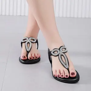Women's Wide Width Flat Slides Sandals, Flip Flop Strappy Rhinestone Thong Sandals Comfortable Summer Beach Shoes for Women. Girl Black