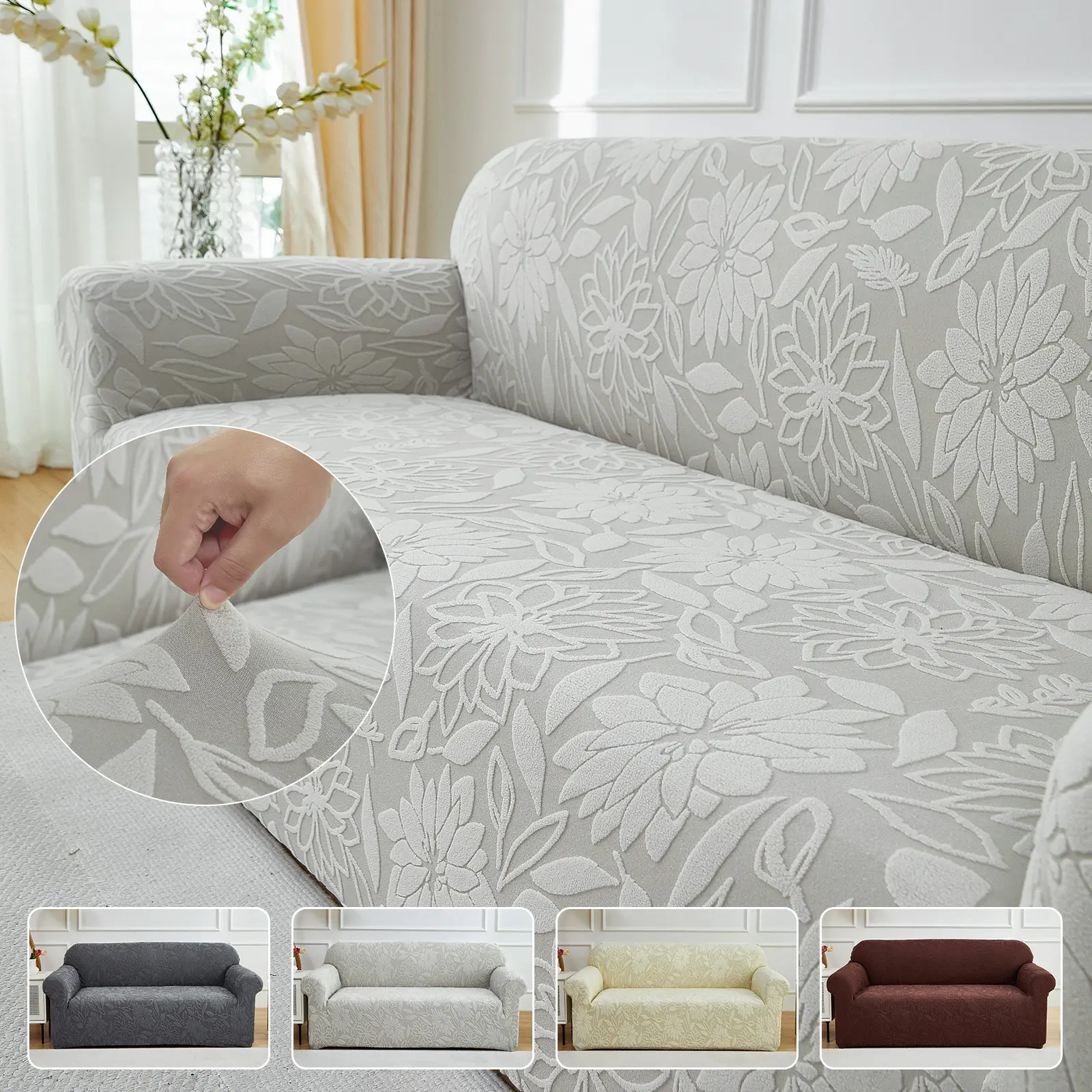 Floral Solid Color Jacquard Sofa Cover, Elastic Stretch Washable Sofa Slipcover Dustproof Slipcover for Living Room Outdoor Single Twin Triple Quad Armchair, All Seasons Washable
