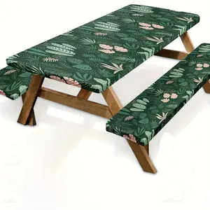 3pcs Picnic Table Cover with Bench Covers Elastic Edges Tropical Leaves Fitted Table Cover Outdoor Patio Camping Essentials Camping Fitted Tablecloth