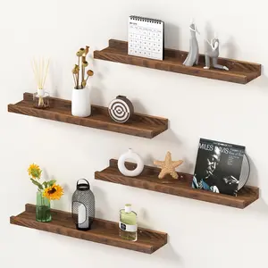 Floating Shelves for Wall, Solid Pine  Floating Shelf with Lip for Bedroom, Living Room, Kitchen, 16 Inch Wall Mounted Storage Shelves for Room Decor Organizers Set of 4 (Walnut, 4Pack 16inch)