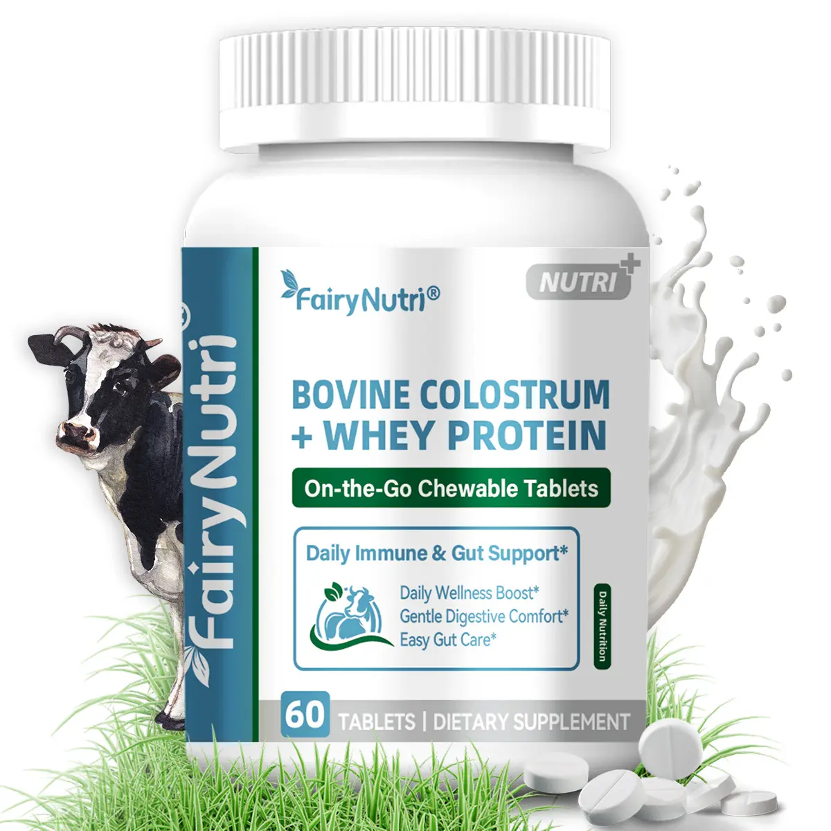 FAIRYNUTRI Edible Bovine Colostrum & Whey Protein Chewable Tablets - CGMP-Certified Natural Supplements, 60-Count Dietary Support for Immunity, Gut Health