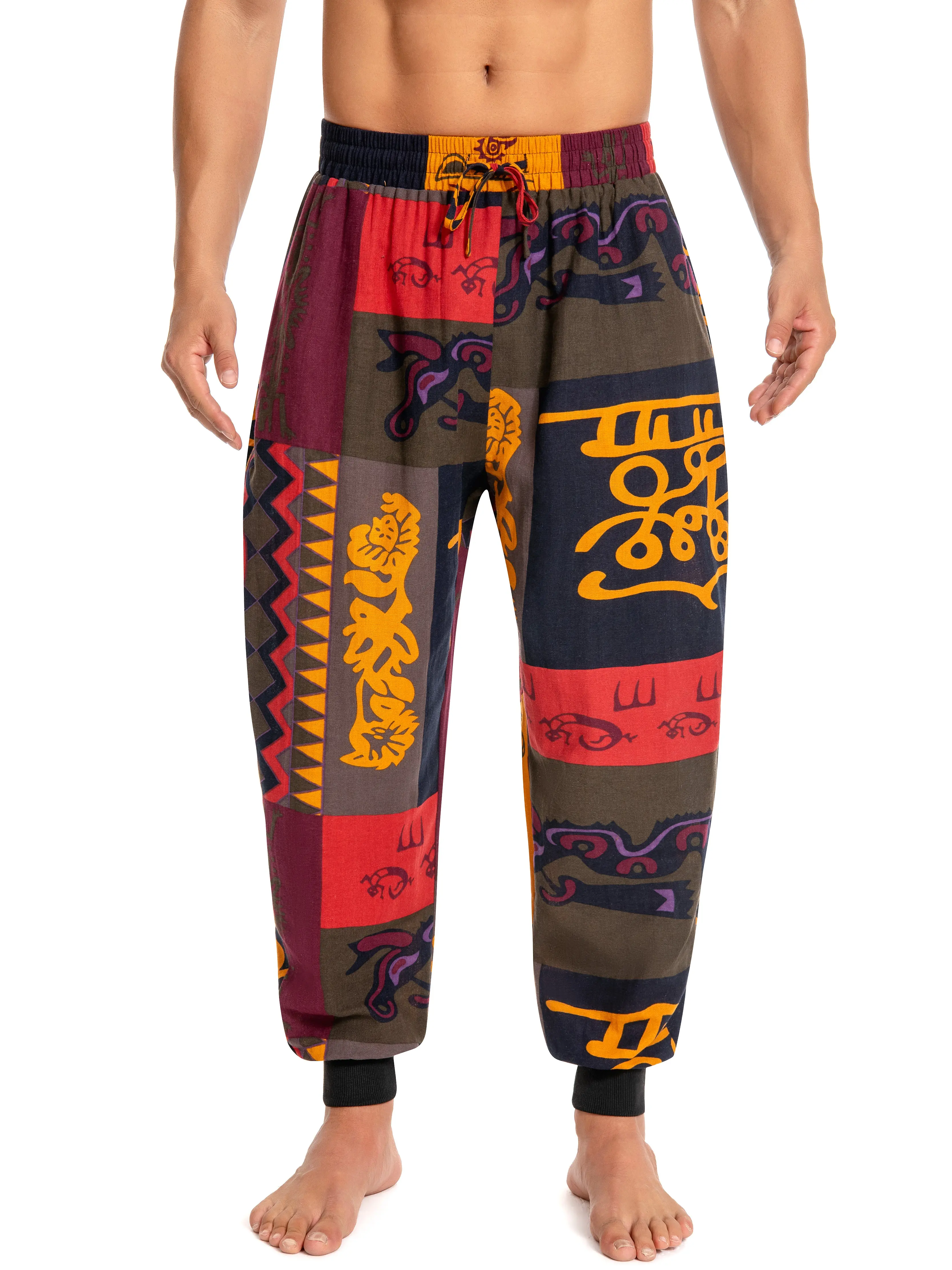 JUNBAOSS Men's Bohemian Harem Jogger Pants, Ethnic Elephant Print Loose Trousers, Black White & Vintage Pattern Options, Elastic Drawstring Waist, Cuffed Ankle, Lightweight Breathable Bottoms With Side Pockets for Loungewear Travel Street Wear
