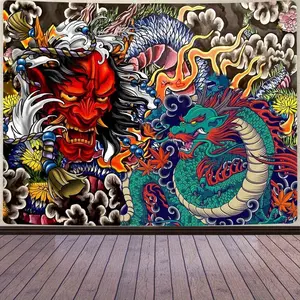 Vibrant Japanese Dragon and Oni Mask Tapestry - Aidatain Anime-Inspired Wall Art, Flannel Fabric, Colorful Asian Decor for Bedroom & Living Room, Anime Room Decor | Traditional Asian Decor | Intricate Pattern Tapestry, Kawaii Room Decor