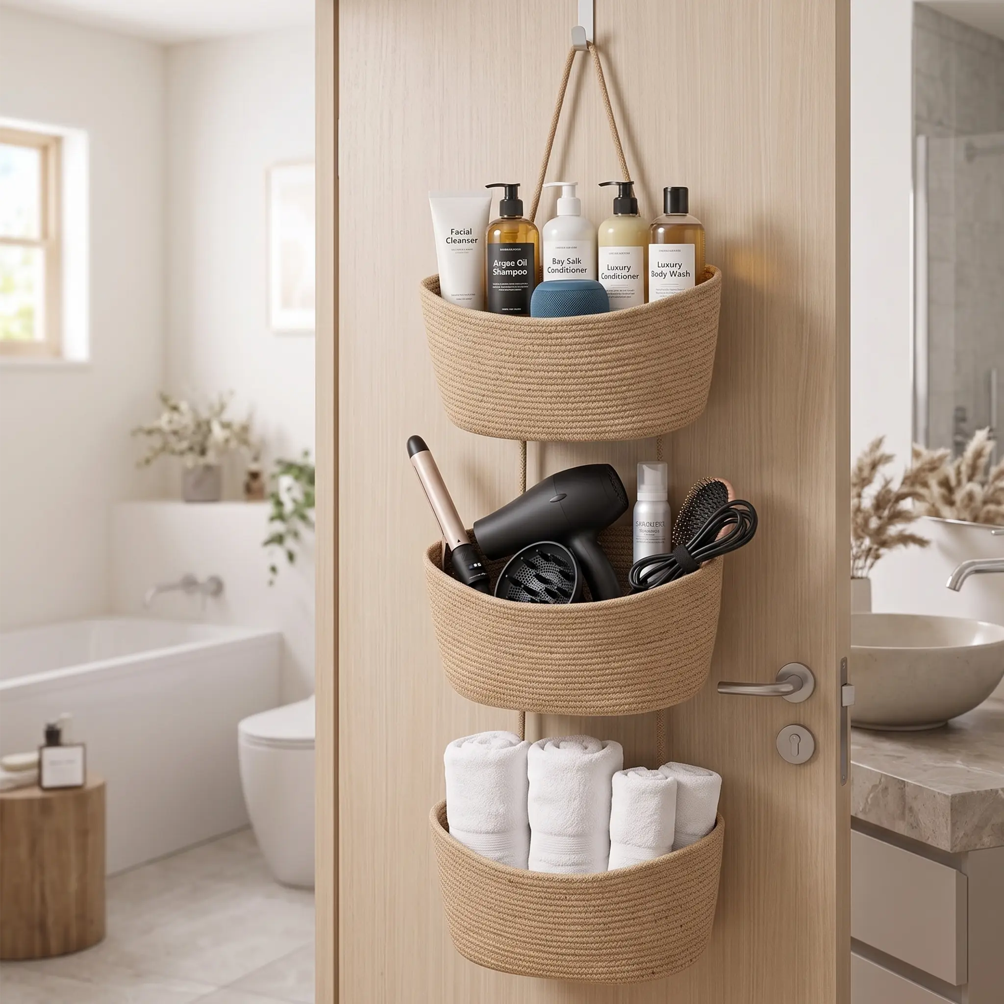 【15-inch】3-Tier Jute Hanging Wall Organizer,Woven Cotton Feels Natural,Perfect for storage in bedrooms, bathrooms, and entryways; vintage country-style decorative storage,storage organizer,bedtime baskets,nursery  baskets ,wall-mounted,busy mom