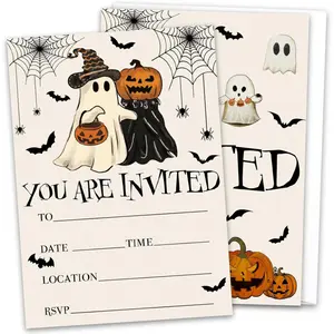 25 Sets Halloween Party Invitations with Envelopes Stickers Beige Black Pumpkin Ghost Bat Invites for Halloween Celebration, 5 x 7 Inch