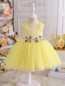 0-3 year old baby girl, Bubble dress girl, yellow tulle dress, sleeveless design suitable for spring warmth, 3D floral embroidery is soft and non-irritating to the skin, lightweight tulle skirt, elegant and cute style