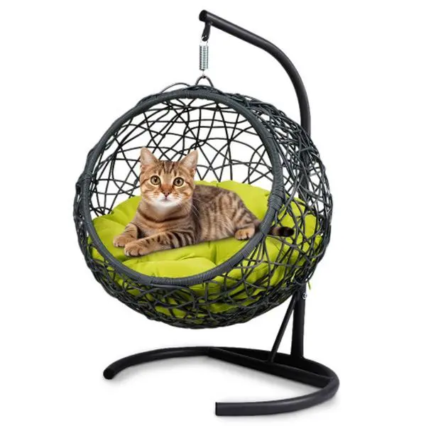 Cat Swing Bed with Stand & Cushion, Indoor/Outdoor Egg Chair Hammock for Cats, Small Dogs & Pets, Rattan Wicker Design, Detachable & Washable