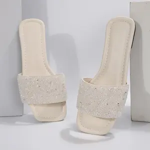 Women's Sparkly One Strap Flat Sandals Rhinestone Beach Slides Indoor Outdoor Shoes